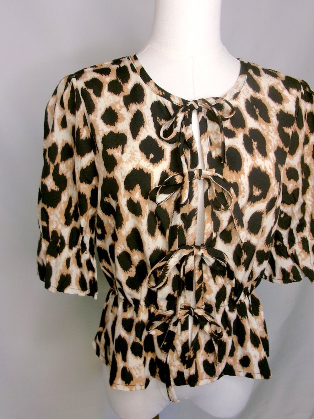 Leopard Print Tie Front Peplum Blouse Size Small Animal Print Boho Chic Top